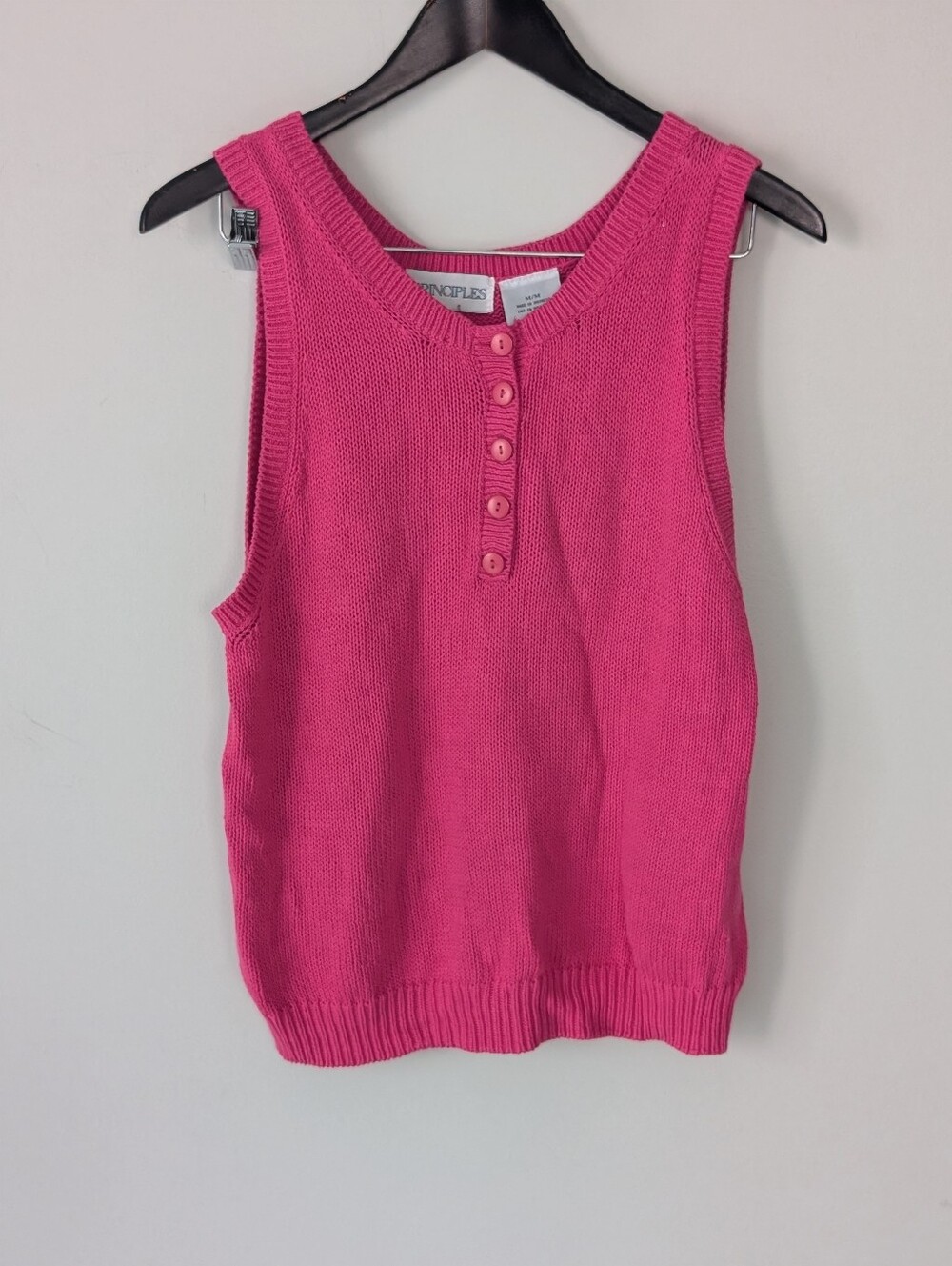 Vintage Principles Hot Pink Cotton Knit Henley Sweater Vest Top M